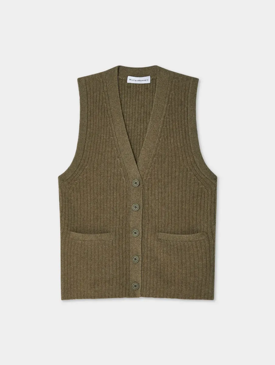 Outlet White + Warren cashmere ribbed button vest Loden