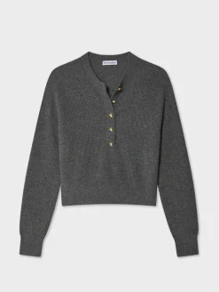 New White + Warren cashmere ribbed gold button henley GraphiteHeather