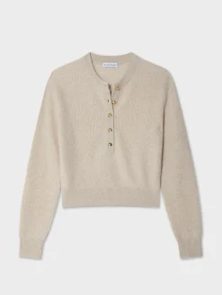 Discount White + Warren cashmere ribbed gold button henley NaturalHeather