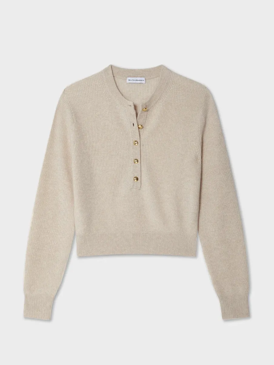 Discount White + Warren cashmere ribbed gold button henley NaturalHeather