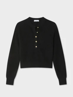 Outlet White + Warren cashmere ribbed gold button henley Black