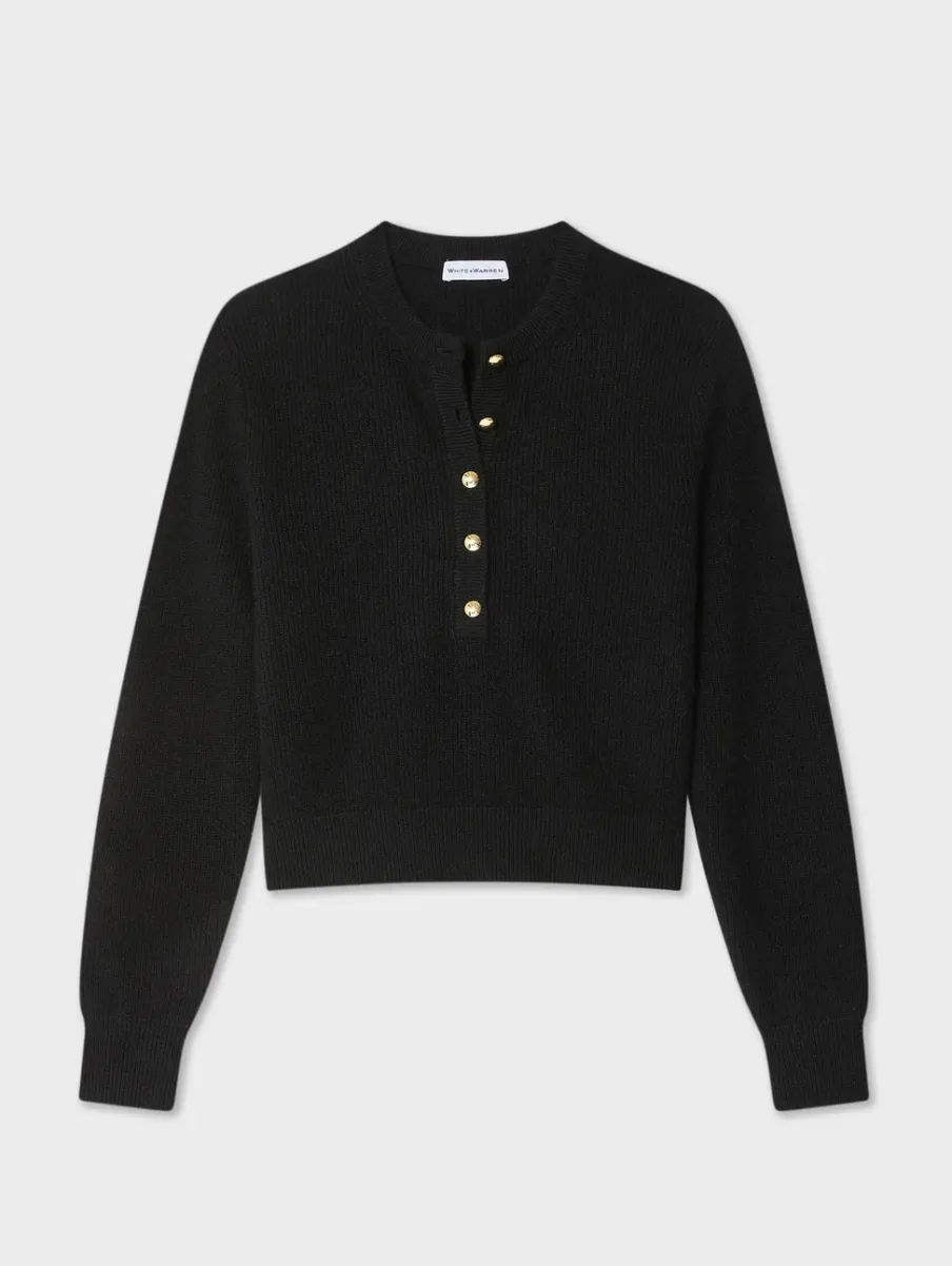 Outlet White + Warren cashmere ribbed gold button henley Black
