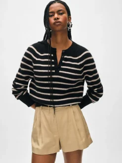 Hot White + Warren cashmere ribbed striped henley Black/Natural