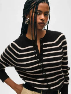 Hot White + Warren cashmere ribbed striped henley Black/Natural
