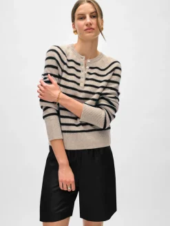 Online White + Warren cashmere ribbed striped henley Sandwisp/Black