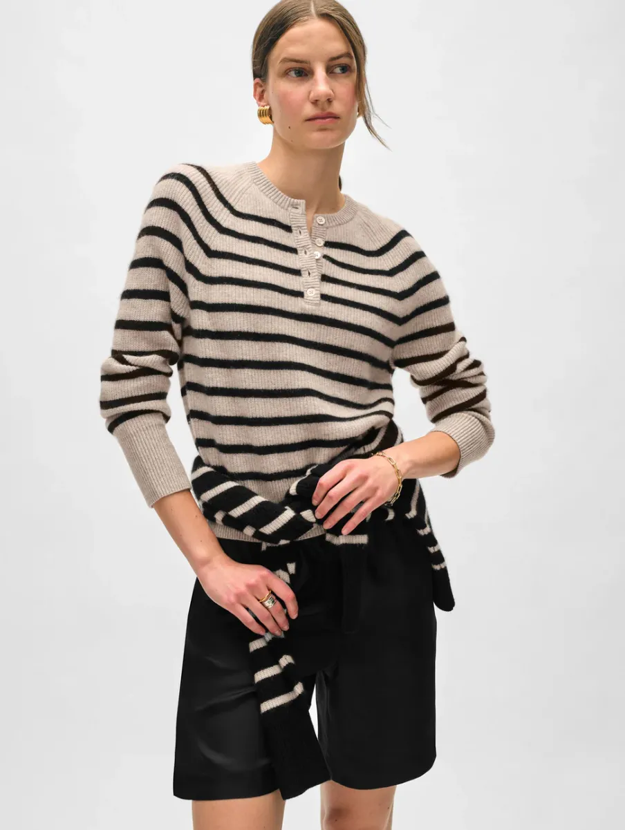 Online White + Warren cashmere ribbed striped henley Sandwisp/Black