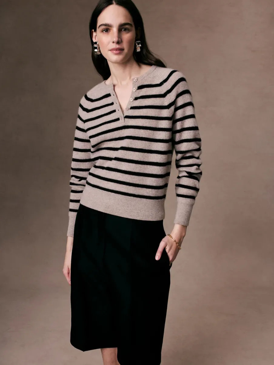 Online White + Warren cashmere ribbed striped henley Sandwisp/Black
