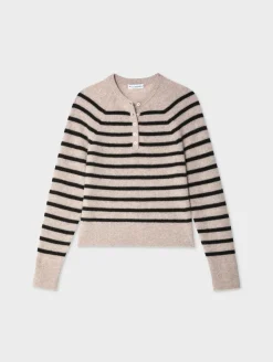 Online White + Warren cashmere ribbed striped henley Sandwisp/Black