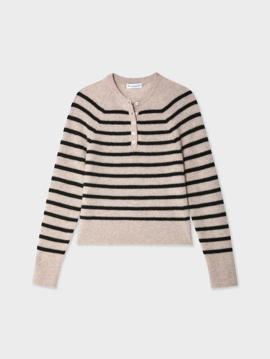 Online White + Warren cashmere ribbed striped henley Sandwisp/Black