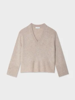 Outlet White + Warren cashmere side slit v neck SandWispHeather