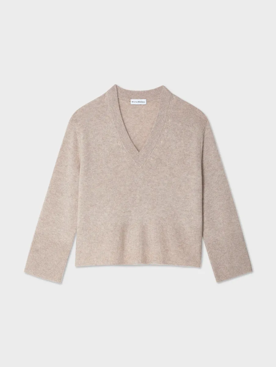 Outlet White + Warren cashmere side slit v neck SandWispHeather
