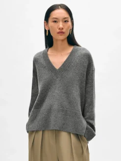 Online White + Warren cashmere side slit v neck GraphiteHeather
