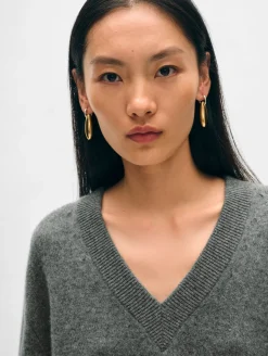Online White + Warren cashmere side slit v neck GraphiteHeather