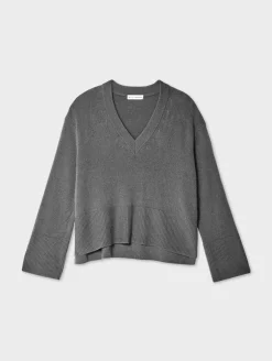 Online White + Warren cashmere side slit v neck GraphiteHeather