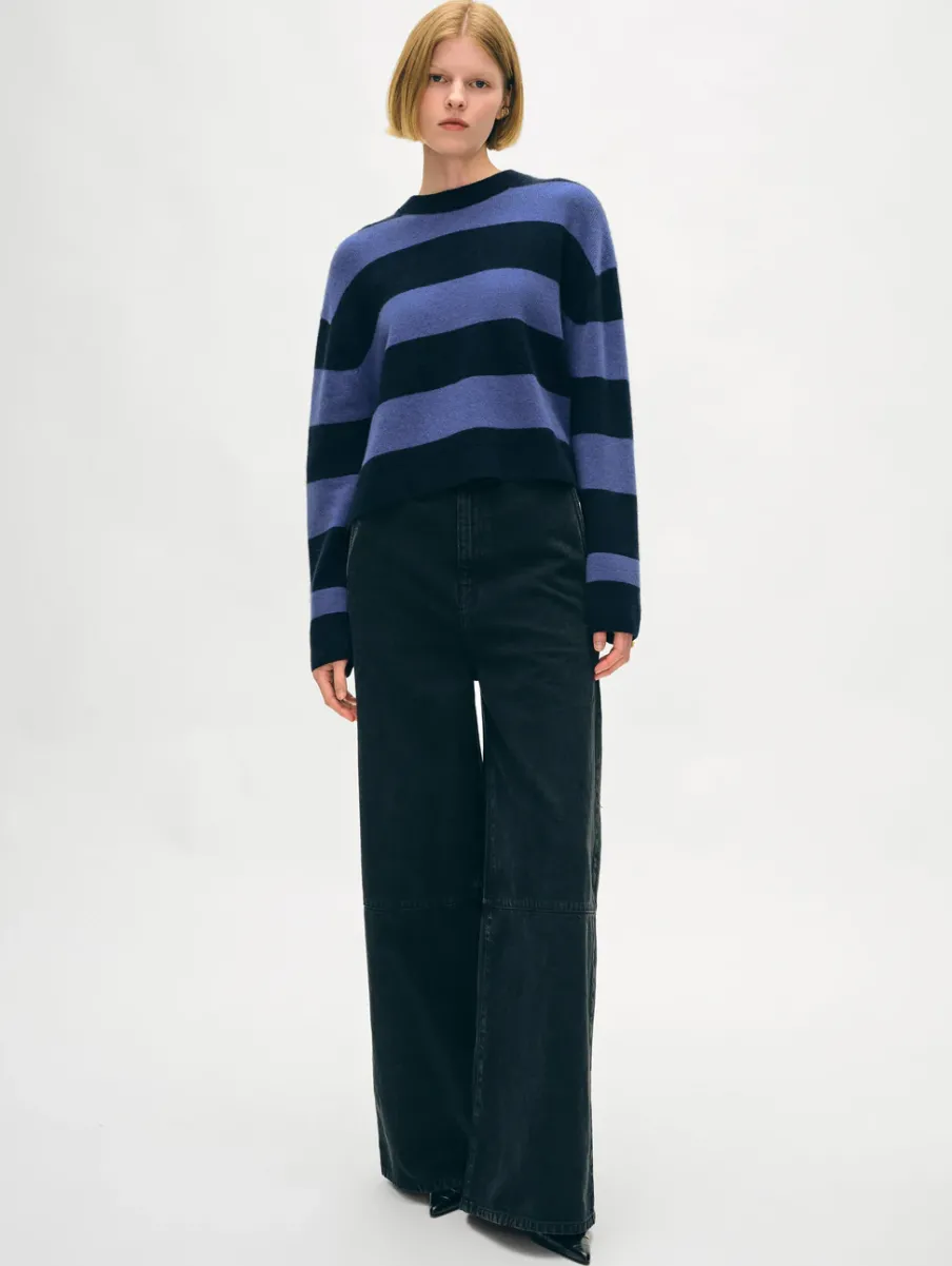 New White + Warren cashmere striped crewneck DeepNavy/BlueDusk