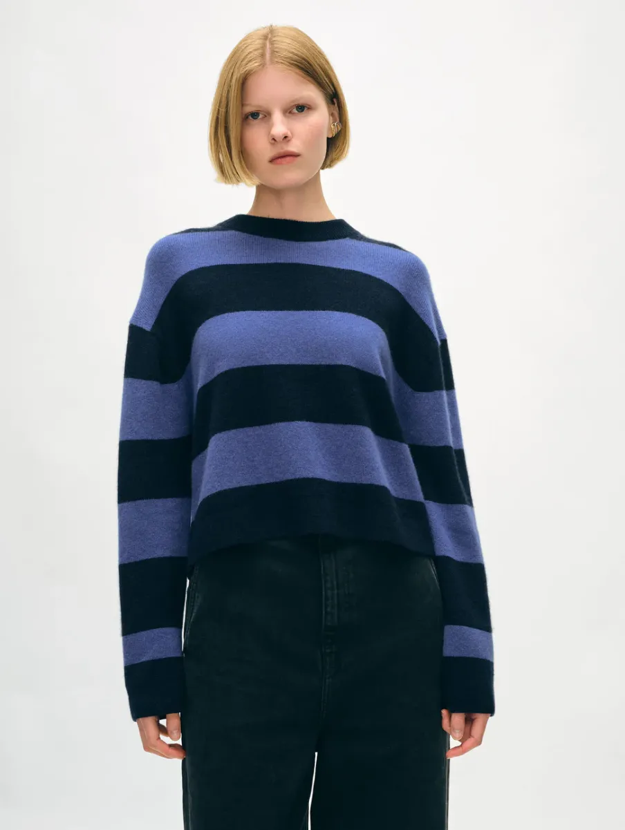 New White + Warren cashmere striped crewneck DeepNavy/BlueDusk