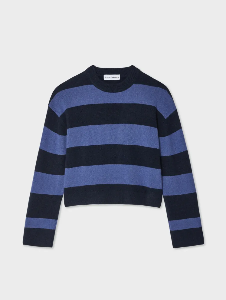 New White + Warren cashmere striped crewneck DeepNavy/BlueDusk