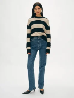 Online White + Warren cashmere striped crewneck Black/Natural