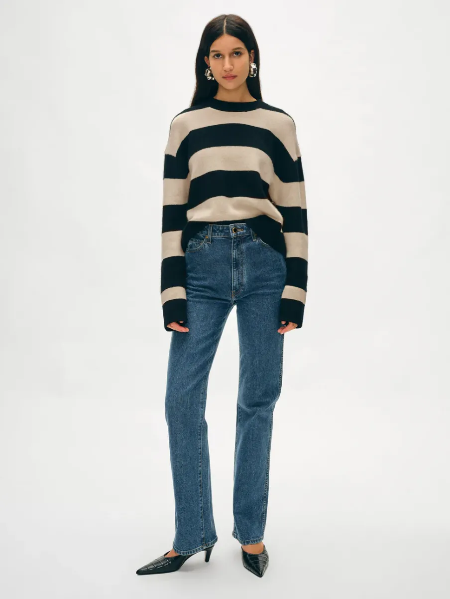Online White + Warren cashmere striped crewneck Black/Natural