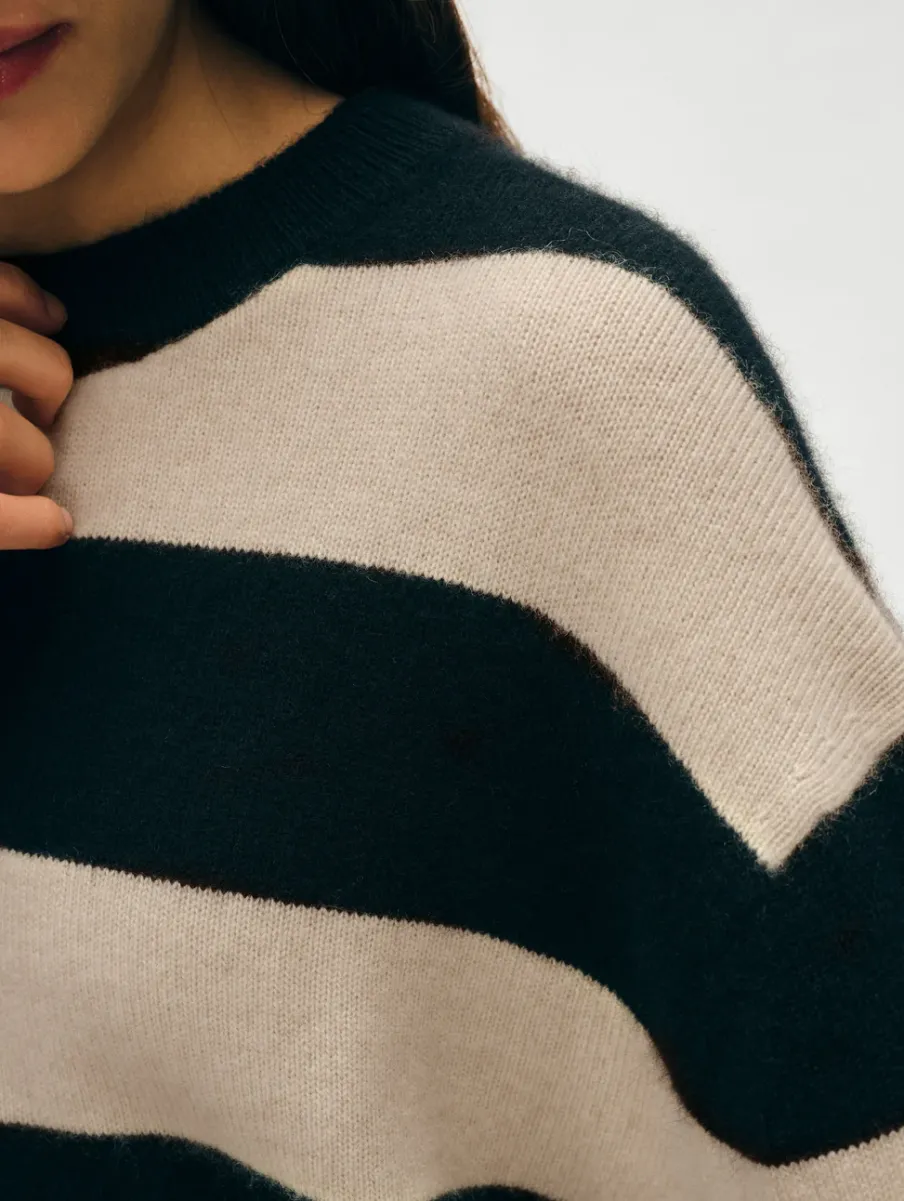 Online White + Warren cashmere striped crewneck Black/Natural