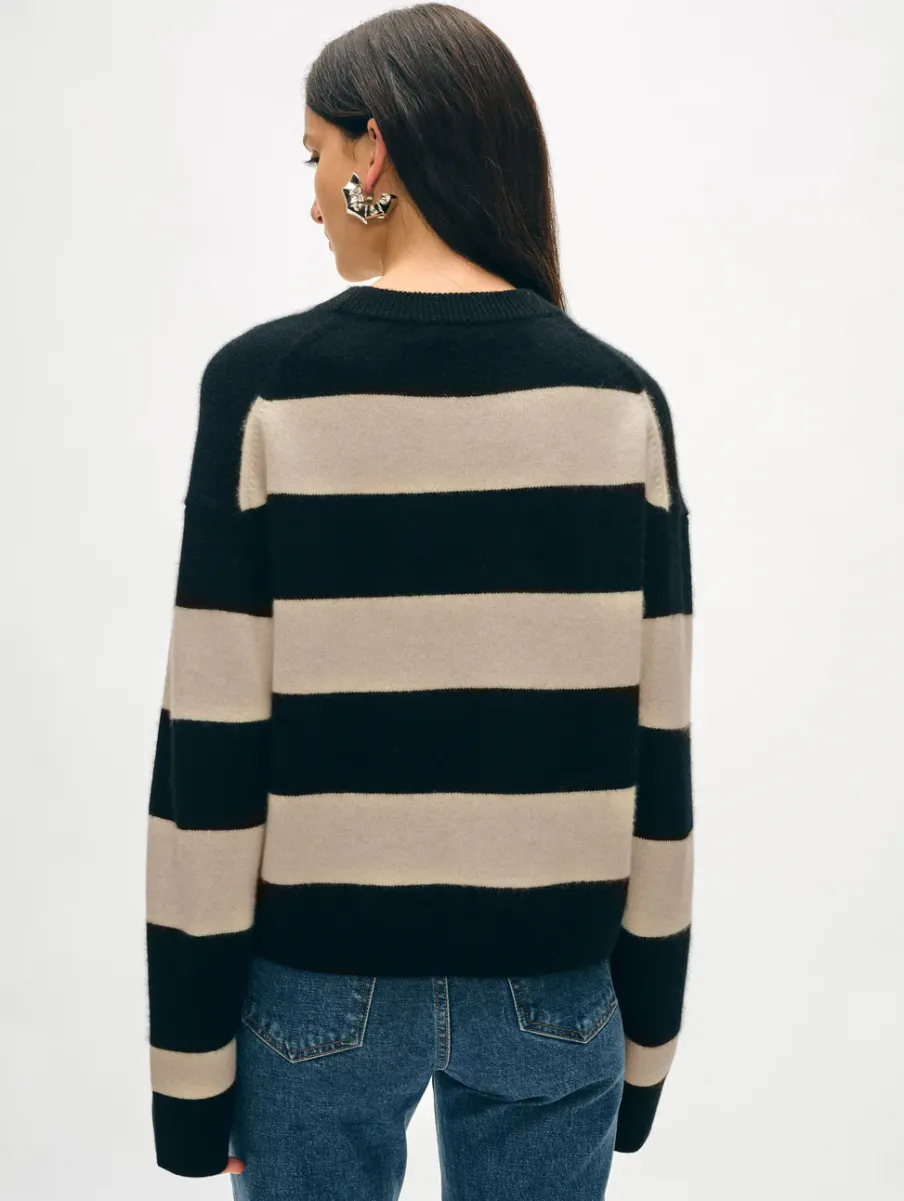 Online White + Warren cashmere striped crewneck Black/Natural