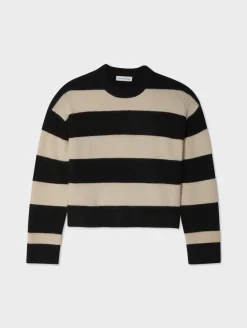 Online White + Warren cashmere striped crewneck Black/Natural