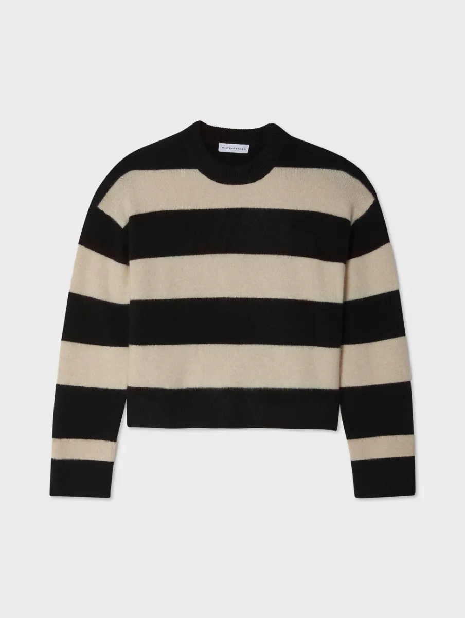 Online White + Warren cashmere striped crewneck Black/Natural
