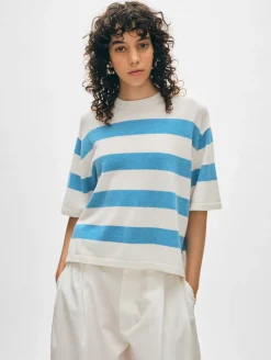 Clearance White + Warren cashmere striped easy tee SoftWhite/MediterraneanHeather