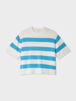 Best White + Warren cashmere striped easy tee SoftWhite/MediterraneanHeather
