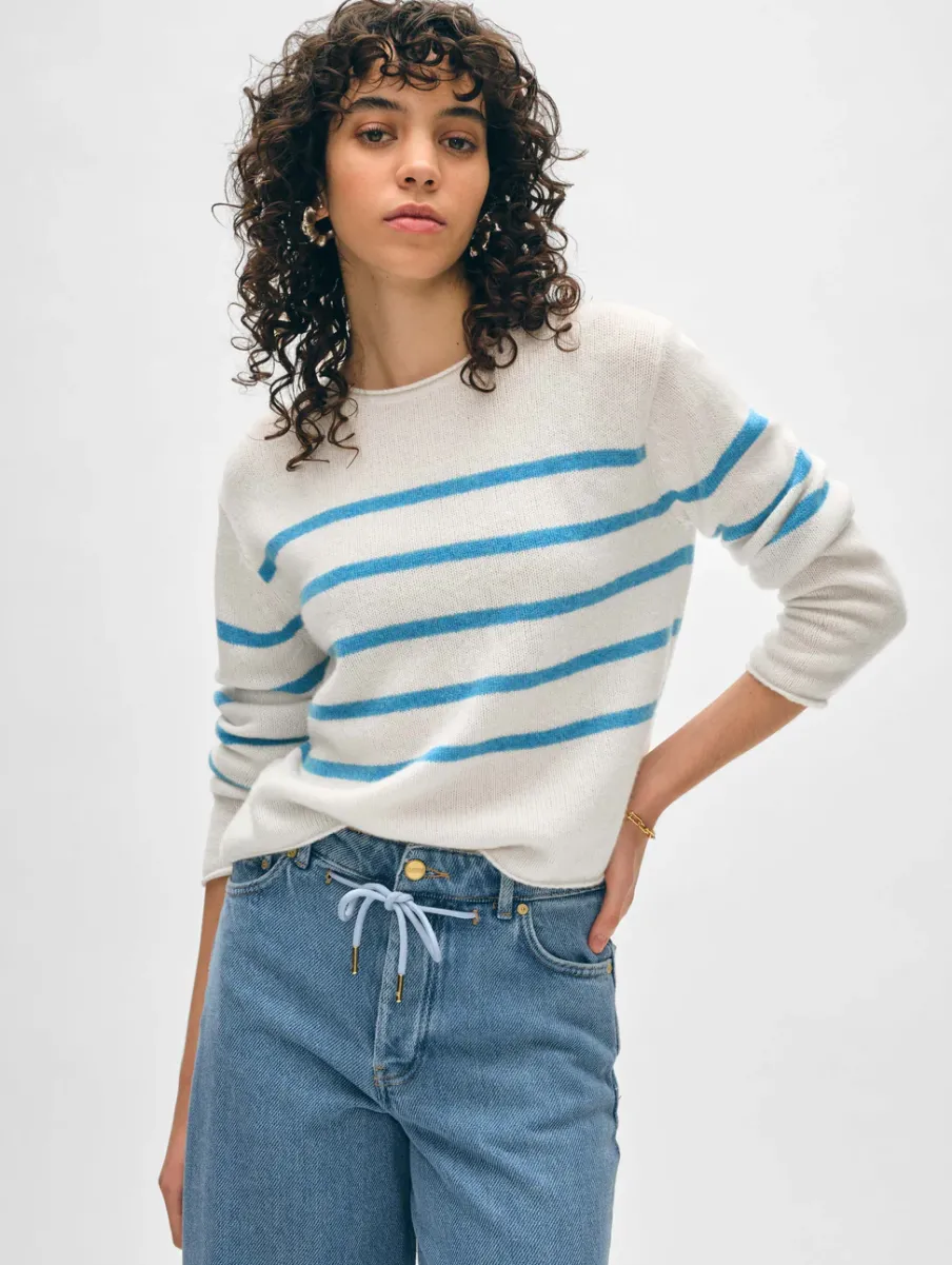 New White + Warren cashmere striped roll trim crewneck White/Mediterranean