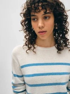 New White + Warren cashmere striped roll trim crewneck White/Mediterranean