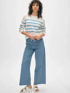 New White + Warren cashmere striped roll trim crewneck White/Mediterranean