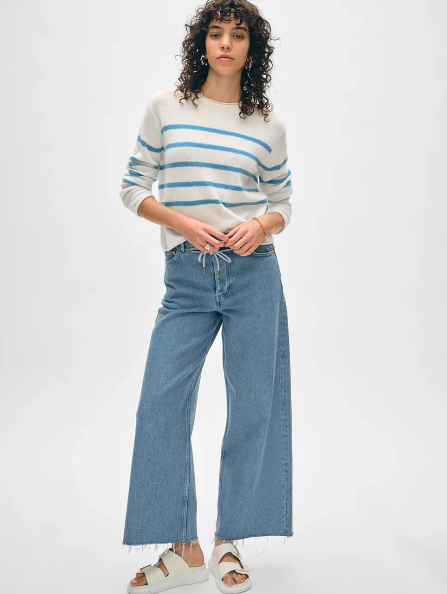 New White + Warren cashmere striped roll trim crewneck White/Mediterranean