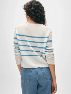 New White + Warren cashmere striped roll trim crewneck White/Mediterranean