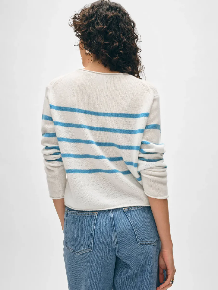 New White + Warren cashmere striped roll trim crewneck White/Mediterranean