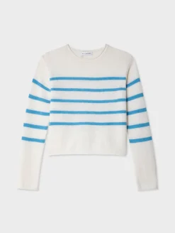 New White + Warren cashmere striped roll trim crewneck White/Mediterranean