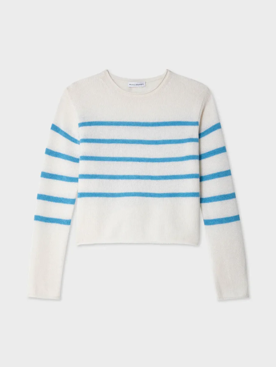 New White + Warren cashmere striped roll trim crewneck White/Mediterranean