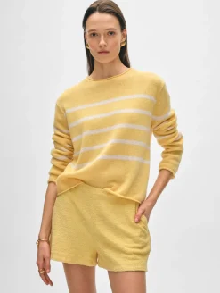 Best White + Warren cashmere striped roll trim crewneck YellowMimosa/White