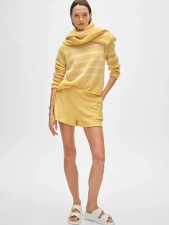 Best White + Warren cashmere striped roll trim crewneck YellowMimosa/White