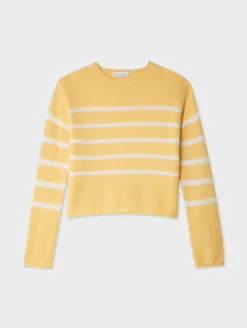 Best White + Warren cashmere striped roll trim crewneck YellowMimosa/White