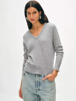 Clearance White + Warren cashmere v neck GreyHeather