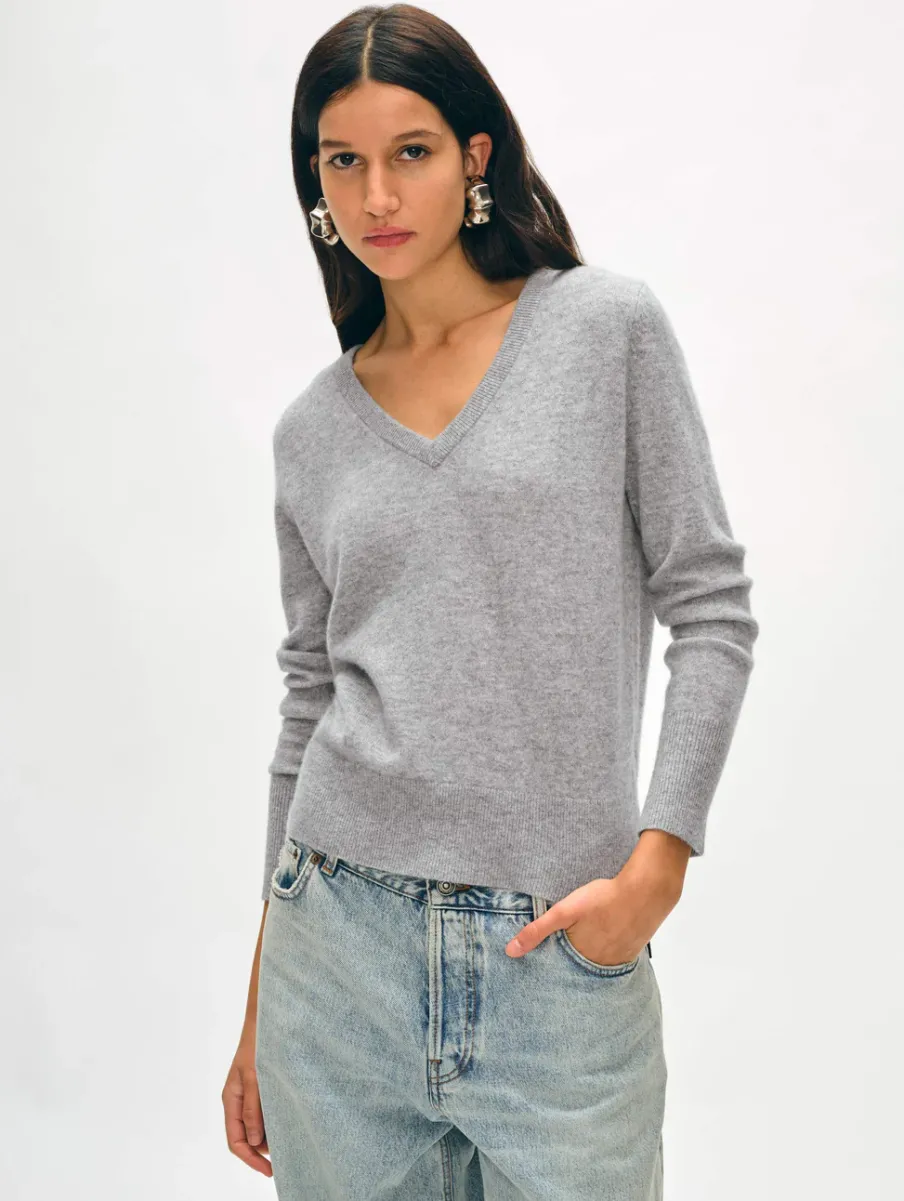 Clearance White + Warren cashmere v neck GreyHeather