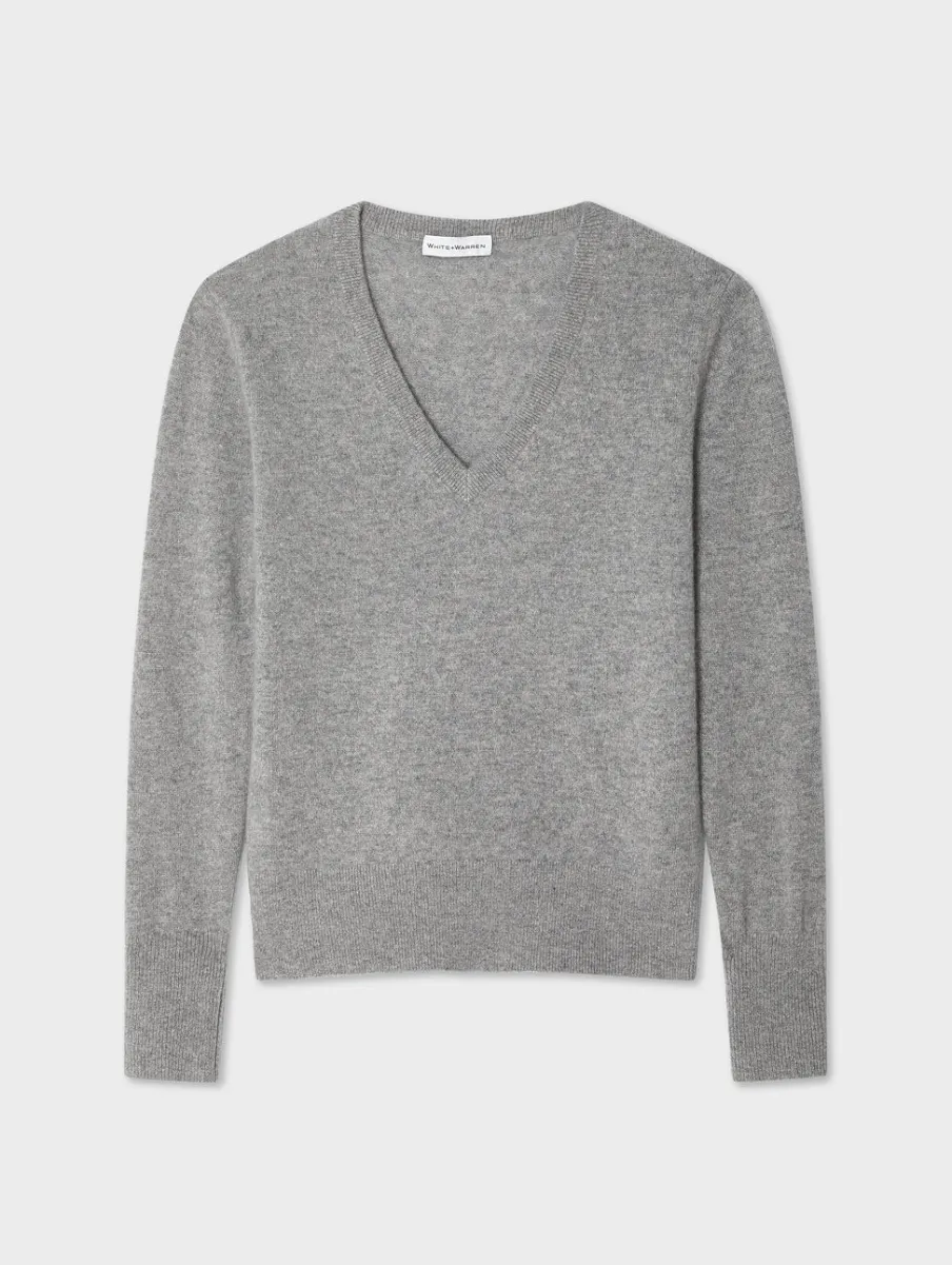Clearance White + Warren cashmere v neck GreyHeather