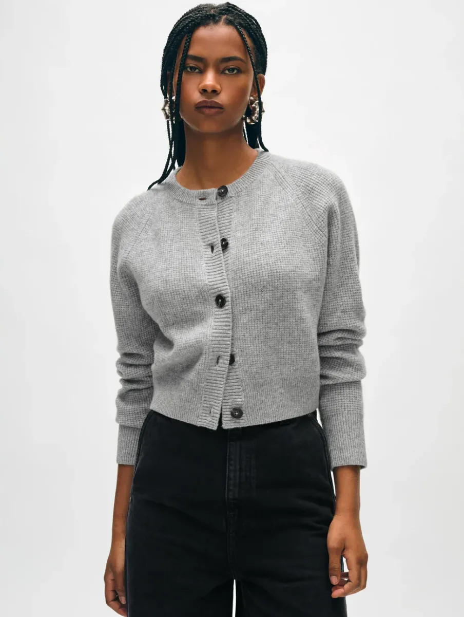 Discount White + Warren cashmere waffle cardigan GreyHeather