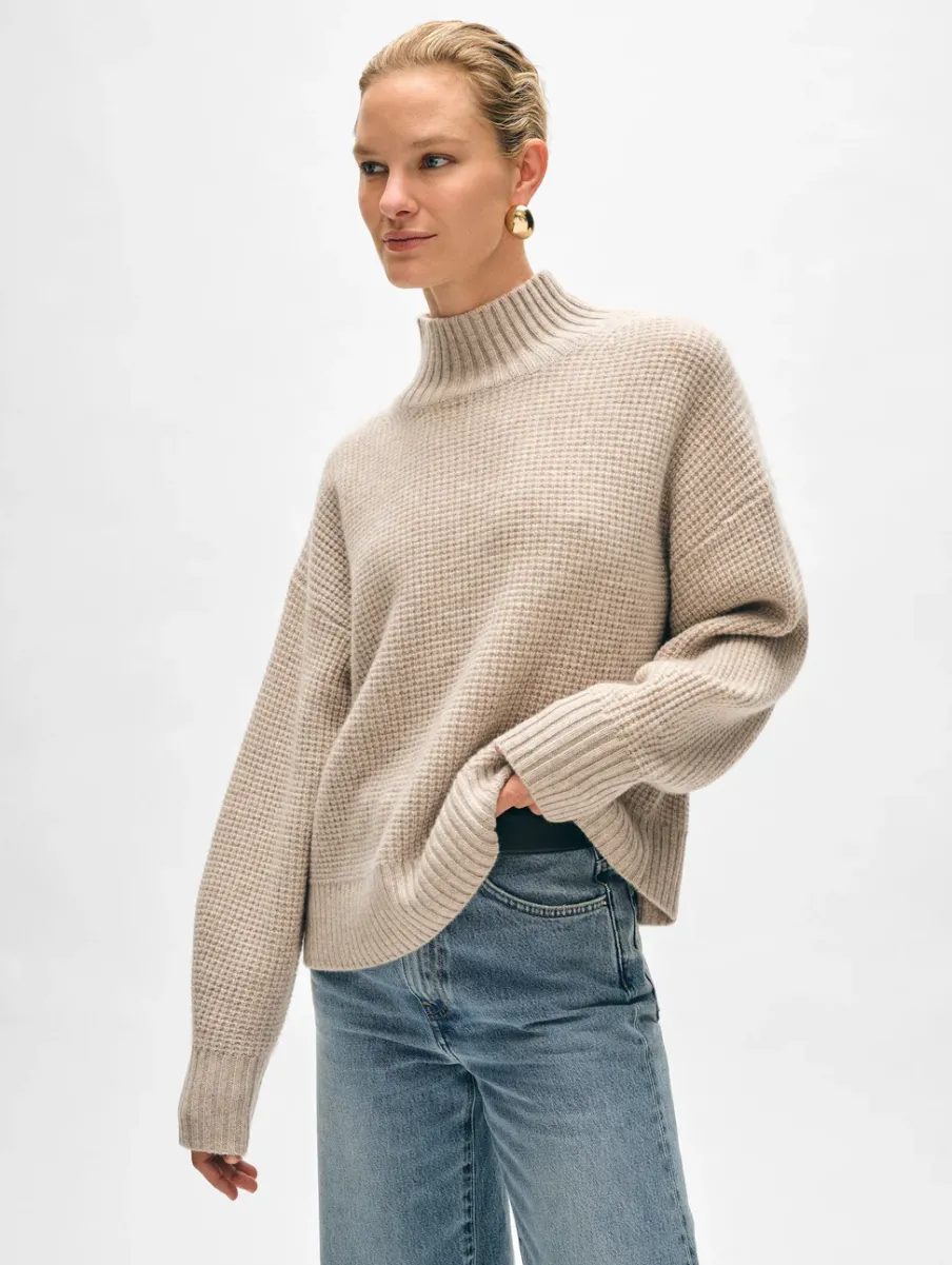 New White + Warren cashmere waffle standneck SandWispHeather