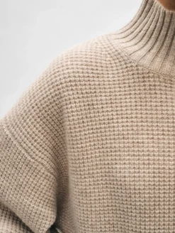 New White + Warren cashmere waffle standneck SandWispHeather