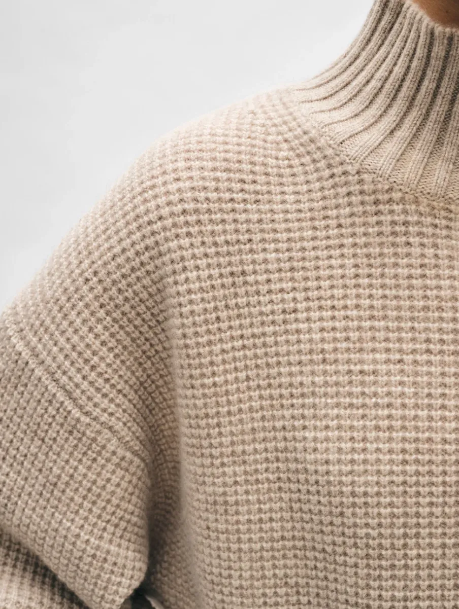 New White + Warren cashmere waffle standneck SandWispHeather