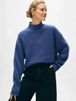 New White + Warren cashmere waffle standneck BlueDusk