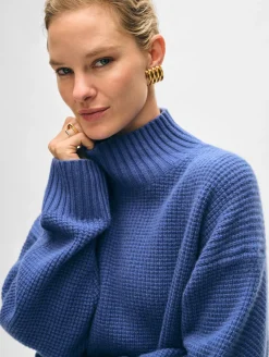 New White + Warren cashmere waffle standneck BlueDusk