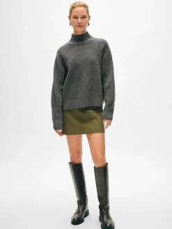 Fashion White + Warren cashmere waffle standneck GraphiteHeather